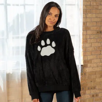 Plush Sherpa Fleece Paw Print Crewneck Pullover - Teal - 3X
