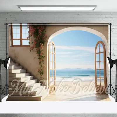 Sea Beach House Vine Floral Retro Wall Backdrop - Aperturee