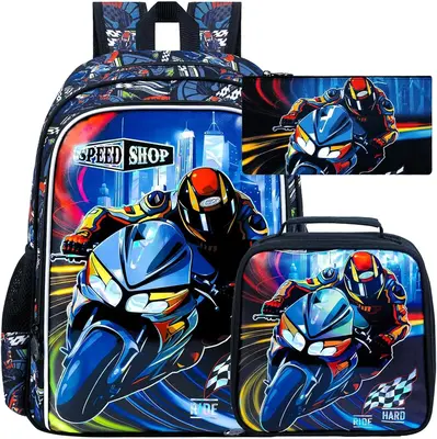 3PCS Boys Motocycle Backpack, Water Resistant Kids Bookbag Set with Lunch Box, Cute School Bag for Preschool Toddler