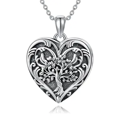 Sterling Silver Tree Of Life & Heart Personalized Photo Locket Necklace for Women