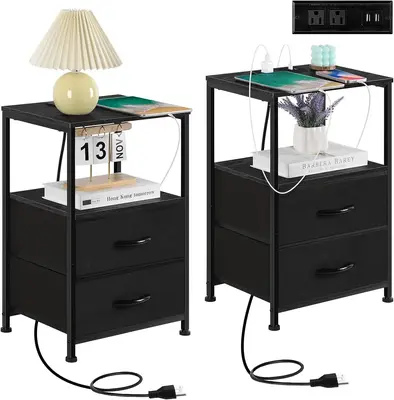 2-Piece End Table Nightstand with Charging Station and Fabric Drawer Heavy Duty,2-Ply Fabric Drawer - Plug - Black Stain Resi...