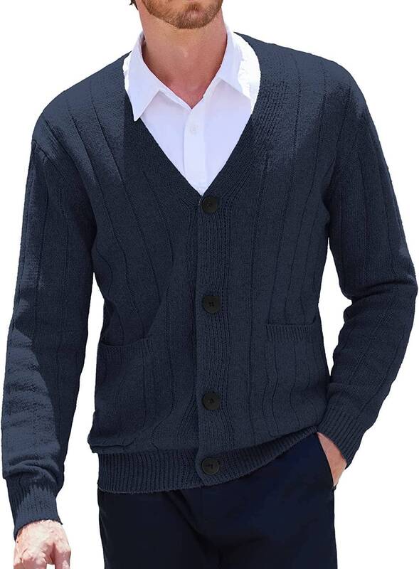 Cardigan Knit V Neck Button up Sweaters (US Only), Navy Blue / L