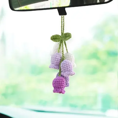 Cute Crochet Plant Design Car Rearview Mirror Hanging Ornament, Handmade Car Mirror Hanging Decoration, Universal Car Access...