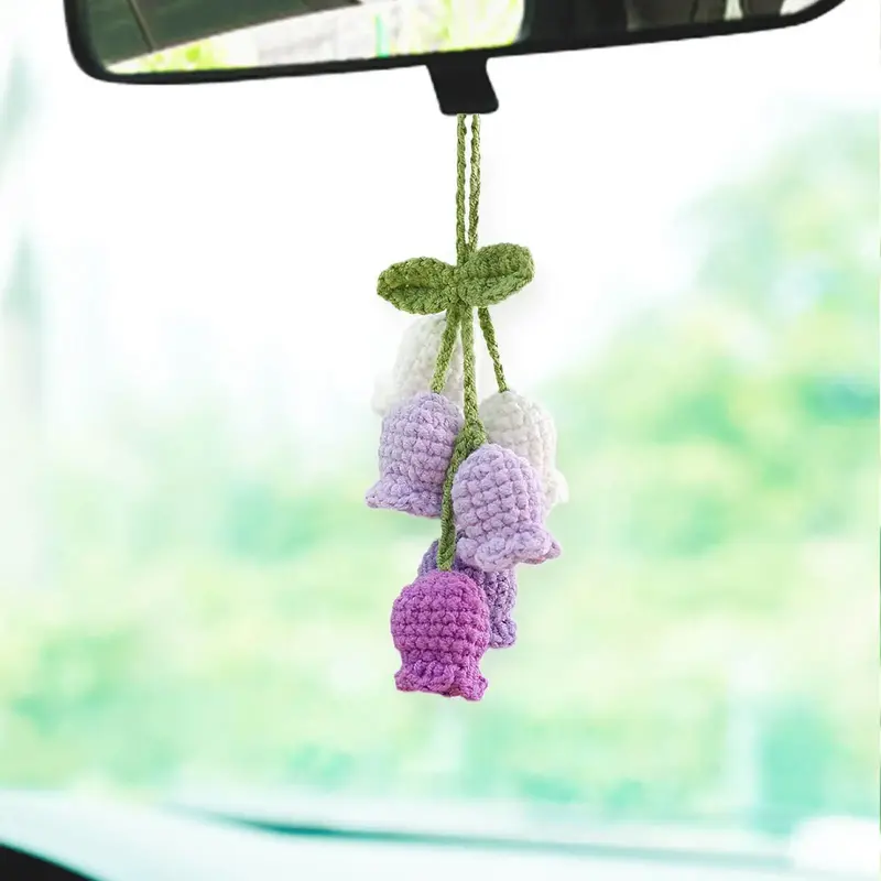 Cute Crochet Plant Design Car Rearview Mirror Hanging Ornament, Handmade Car Mirror Hanging Decoration, Universal Car Access...