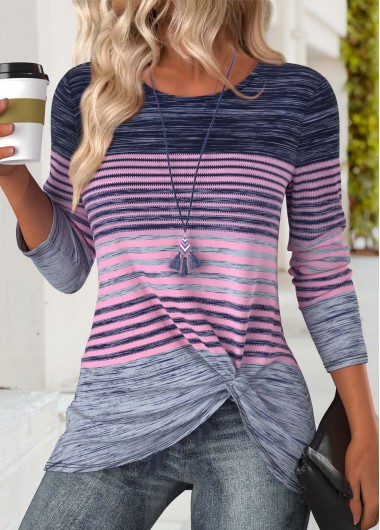 Modlily Purple Striped Long Sleeve Round Neck T Shirt - XXL