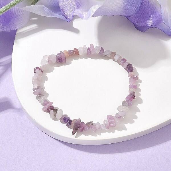 Natural Lepidolite/Purple Mica Stone Chips Beaded Stretch Bracelets for Women