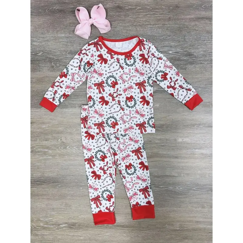 Bow & Wreath Girls Red Trimmed Holiday Pajama Set