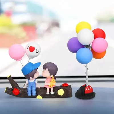 Car Couple Balloon Center Console Ornaments, 1 Count Cute Tree Branch Couple Dolls with Balloons Dashboard Ornament, Colorful...