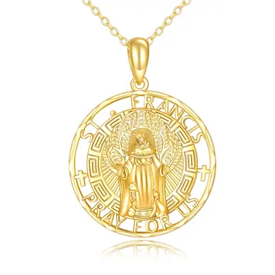 14K Gold Dog & Saint Francis Pendant Necklace with Engraved Word for Men
