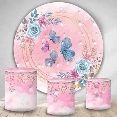 Aperturee Blue Butterfly Round Glitter Pink Birthday Backdrop Kit | Circle Party Backdrop | Birthday Backdrop Ideas | Custom ...