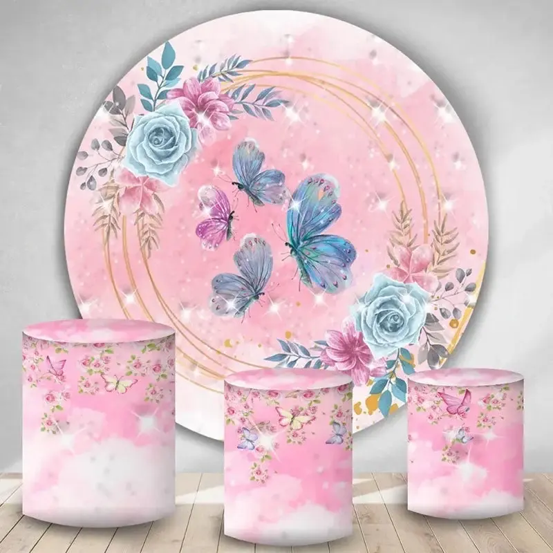 Aperturee Blue Butterfly Round Glitter Pink Birthday Backdrop Kit | Circle Party Backdrop | Birthday Backdrop Ideas | Custom ...