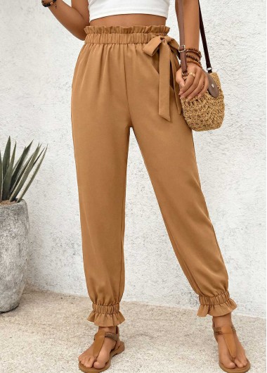 Modlily Dark Camel Soft Jogger Elastic Waist High Waisted Pants - L