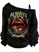 Women's Letter & Microphone Print Asymmetrical Neck Tee, Casual Long Sleeve Top for Fall & Winter, Women's Clothes for Daily ...