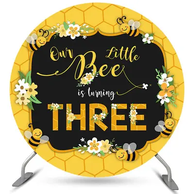 Aperturee Circle Our Little Bee Is Turning Three Birthday Backdrop | Name Backdrop For Birthday | Diy Birthday Backdrop | Hap...