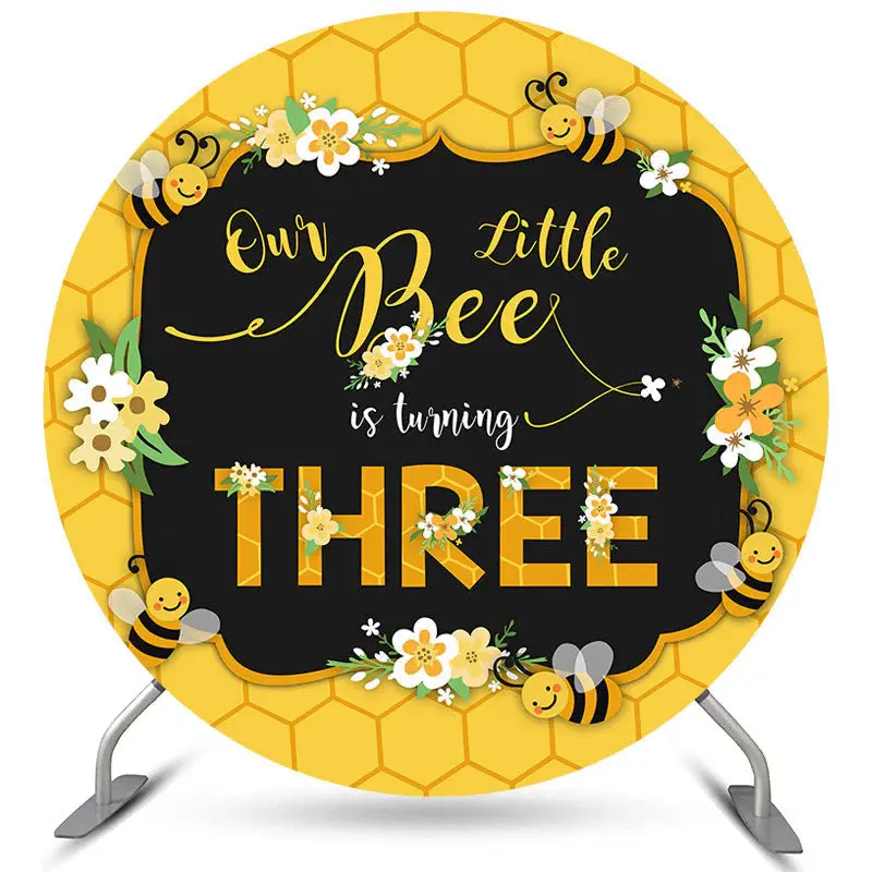 Aperturee Circle Our Little Bee Is Turning Three Birthday Backdrop | Name Backdrop For Birthday | Diy Birthday Backdrop | Hap...