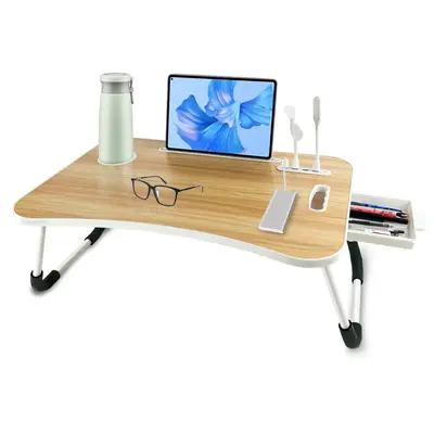 1pc Oversized Portable Laptop Bed Table - Foldable & Durable Wooden Computer Tray with Cup Holder, Drawer, USB, Fan & Light -...