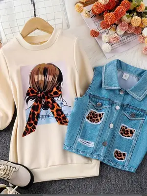 Two-Piece Set Girl's Cartoon Print Button Front Vest Jacket & Long Sleeve Sweatshirt Set, Preppy Style Casual Outfits for Dai...