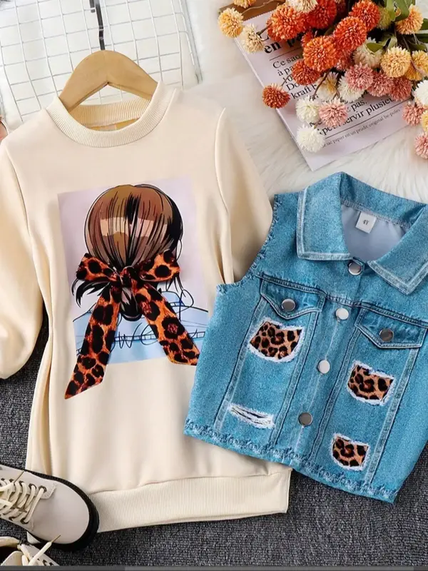Two-Piece Set Girl's Cartoon Print Button Front Vest Jacket & Long Sleeve Sweatshirt Set, Preppy Style Casual Outfits for Dai...
