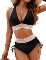 Women High Waisted Bikini Sets Tummy Control Swimsuits Color Block Two Piece Drawstring Bathing Suit
