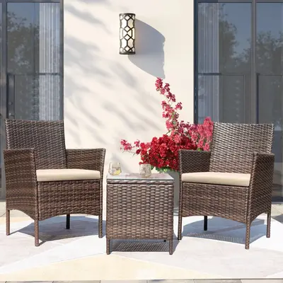 FURMAX 3 Pieces Patio Conversation Set PE Rattan Wicker Chairs Outdoor Furniture Set