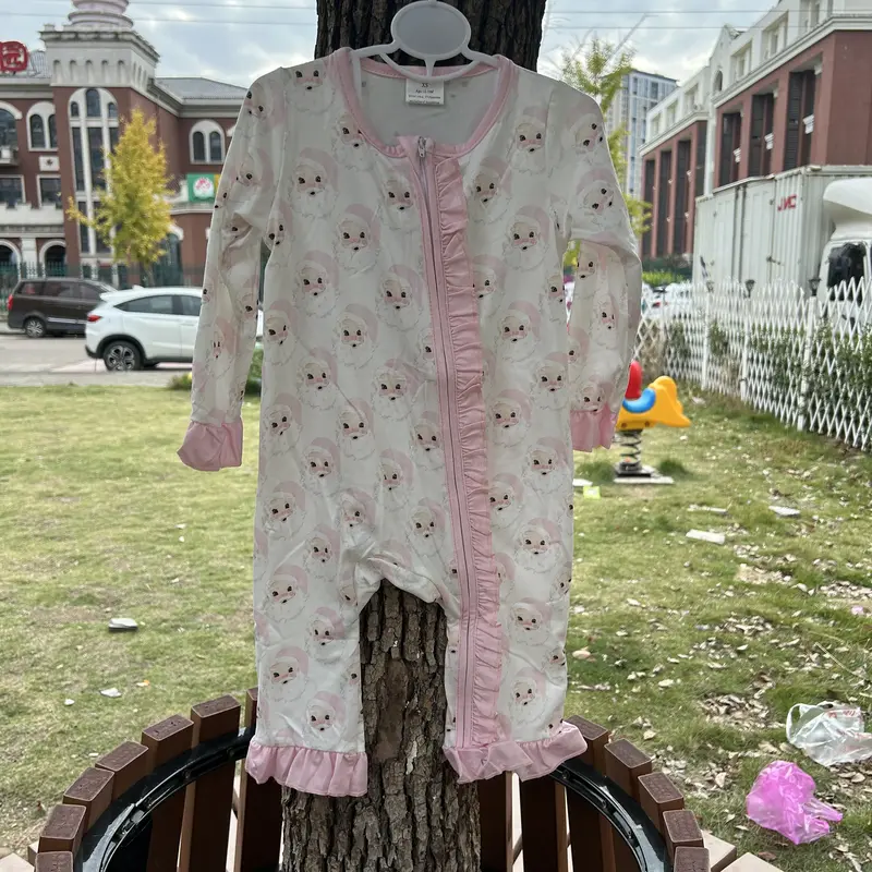 LR0584-Christmas Santa long sleeve milk silk pink zipper girls romper