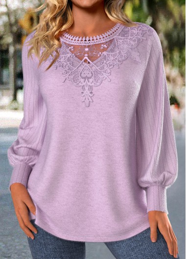 Modlily Light Purple Embroidery Long Sleeve Round Neck T Shirt - M