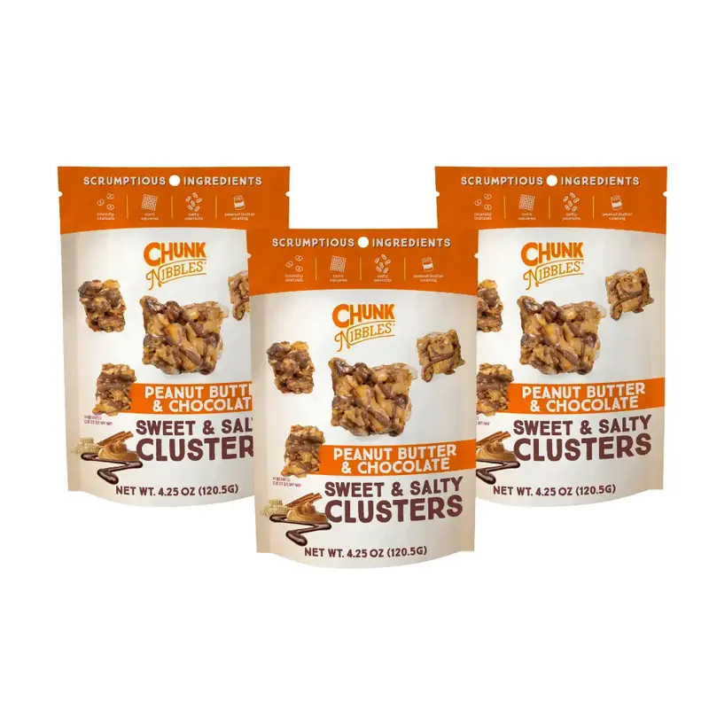 Chunk Nibbles Peanut Butter & Chocolate Snack Clusters | 3 Pack | 4.25oz Bags | Sweet & Salty Cluster Bites