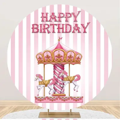 Pink White Stripes Circus Round Birthday Backdrop - Aperturee