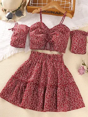 Two-piece Set Girl's Ditsy Floral Print Cold Shoulder Shirred Crop Top & Frill Trim Skirt Set, Casual Elegant Fashion Outfits...
