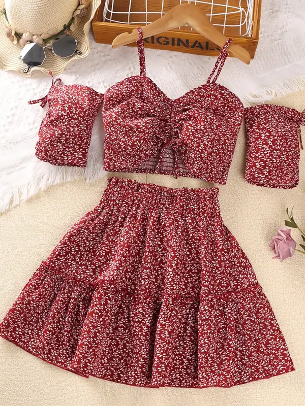Two-piece Set Girl's Ditsy Floral Print Cold Shoulder Shirred Crop Top & Frill Trim Skirt Set, Casual Elegant Fashion Outfits...