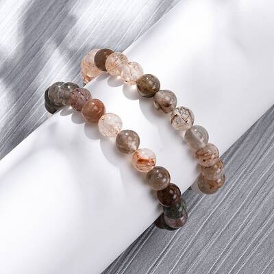 Natural Rutilated Quartz Round Beaded Stretch Bracelets for Men Women