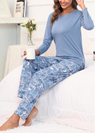Modlily Dusty Blue Letter Print Lounge Top and Pants - M