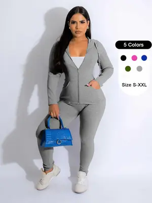 Two-piece Set Women's Solid Zip Up Drawstring Hooded Jacket & Pants Set, Long Sleeve Pocket Top & Trousers, Lady Casual Cloth...