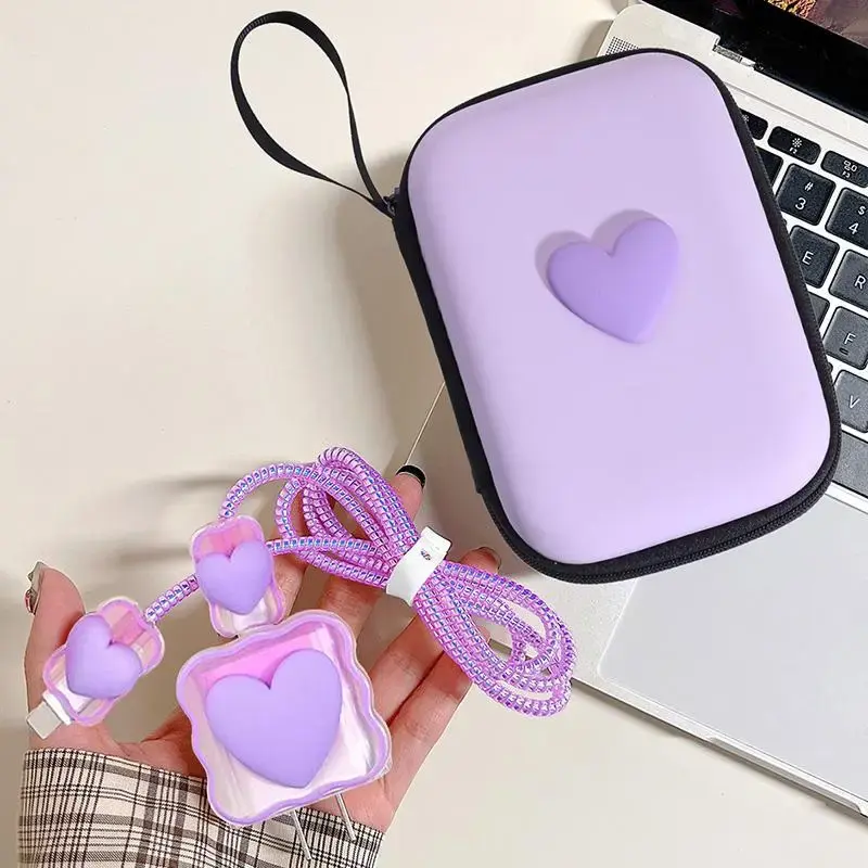 Heart Design Data Cable Storage Bag & Cable Winder & TPU Charger Head Cover Set, Anti-breaking Charger Protective Cover for A...