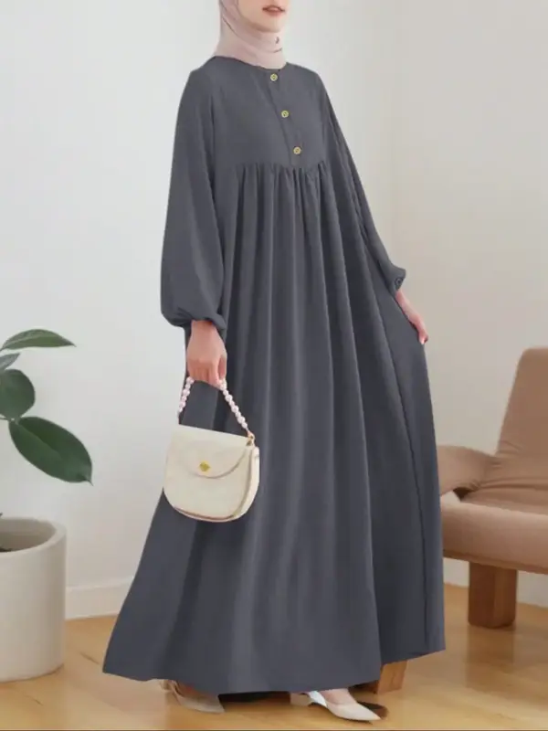 Women's Elegant Loose-Fit Lantern Sleeve Dress, Round Neck Woven Fabric, All-Season Casual Arabic Style, Fashionable Ladies' ...