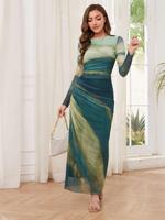 Women's All Over Print Ruched Bodycon Dress, Elegant Long Sleeve Round Neck Long Dress for Party Holiday Wedding Guest, Ladie...