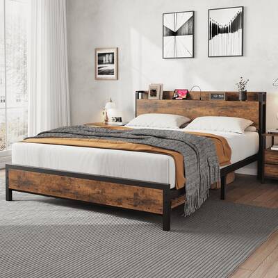 Garvee Queen Size Bed Frame with Charging Station, 2 USB Ports & 2 AC Outlets, Heavy Duty Metal Bed Frame with Wooden Headboa...