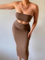 Two-piece Set Women's Solid Backless Crop Tube Top & High Waist Skirt Set, Chic Minimalist Sleeveless Strapless Top & Bodycon...
