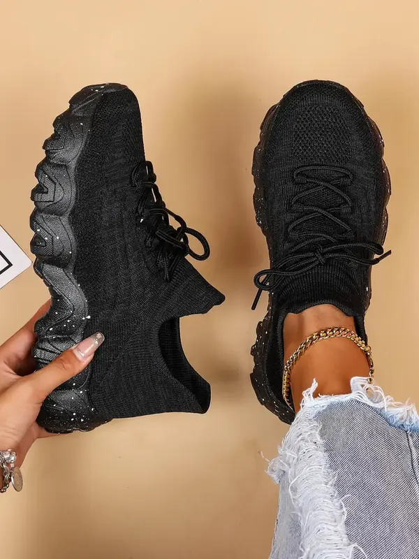 Trainers for Women, Summer Lace-up Front Low Top Sock Sneakers, Casual Comfortable Splash Ink Sole Trainers, Knit Breathable ...