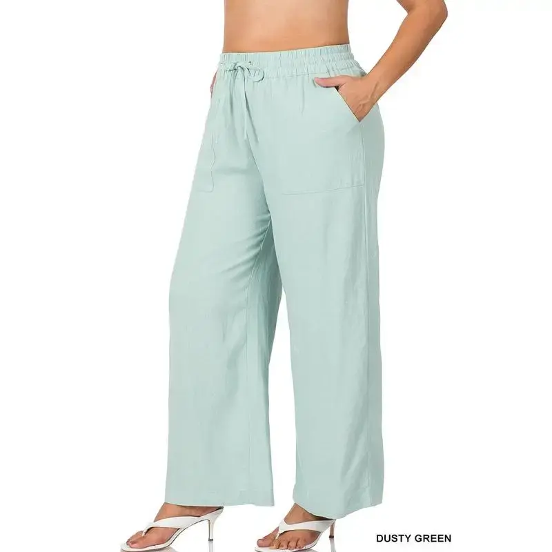 ZENANA Plus Linen Drawstring-Waist Pants with Pockets