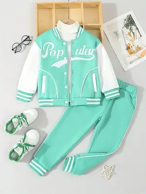 Two-piece Set Girl's Letter Embroidery Baseball Collar Jacket & Pocket Sweatpants Set, Casual Long Sleeve Button Front Outerw...