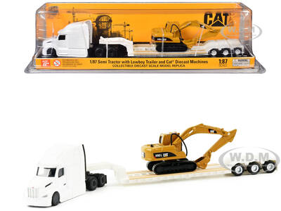 Peterbilt 579 Tractor White with Lowboy Trailer and CAT 315C Excavator Yellow 1/87 (HO) Diecast Model by Diecast Masters