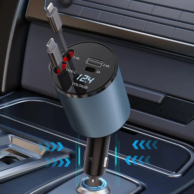 Spring 4 In 1 Retractable Cable Car Charger for Phone, Durable 100W Multifunctional Car Charger With Intelligent Digital Di...