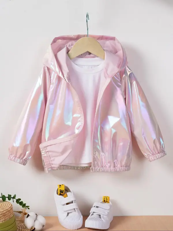 Toddler Girl's Thin Glitter Zip Up Hooded Jacket without Tee, Fashion Long Sleeve Zipper Outerwear for Spring & Fall, Kid's C...