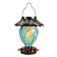 LUJII Solar Powered Hummingbird Feeder for Outside, Hand Blown Glass, 35 fl.oz, Never Leak, Waterproof, Metal Base Top, Light...