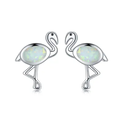 Sterling Silver Oval Shaped Opal Flamingo Stud Earrings