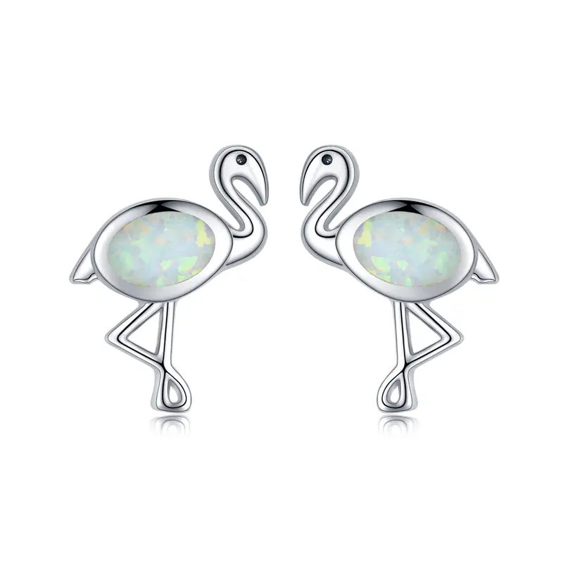 Sterling Silver Oval Shaped Opal Flamingo Stud Earrings