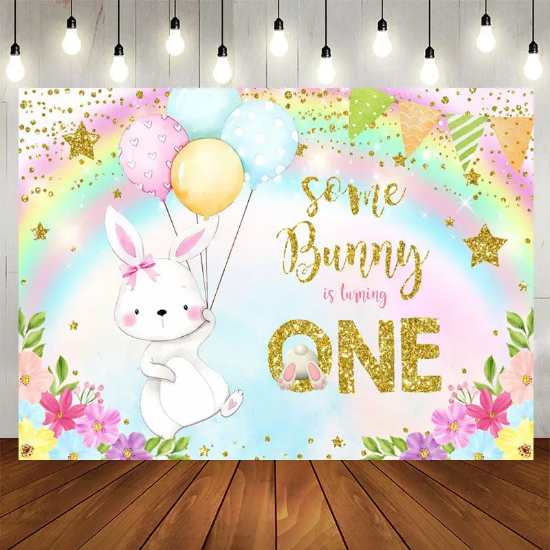 Some Bunny Turning One Rainbow 1st Birthday Backdrop - Aperturee
