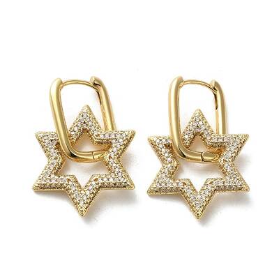 Golden Brass Micro Pave Cubic Zirconia Dangle Hoop Earrings