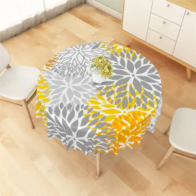 Yellow Grey Orange Blooming Flowers Round Tablecloth - Aperturee